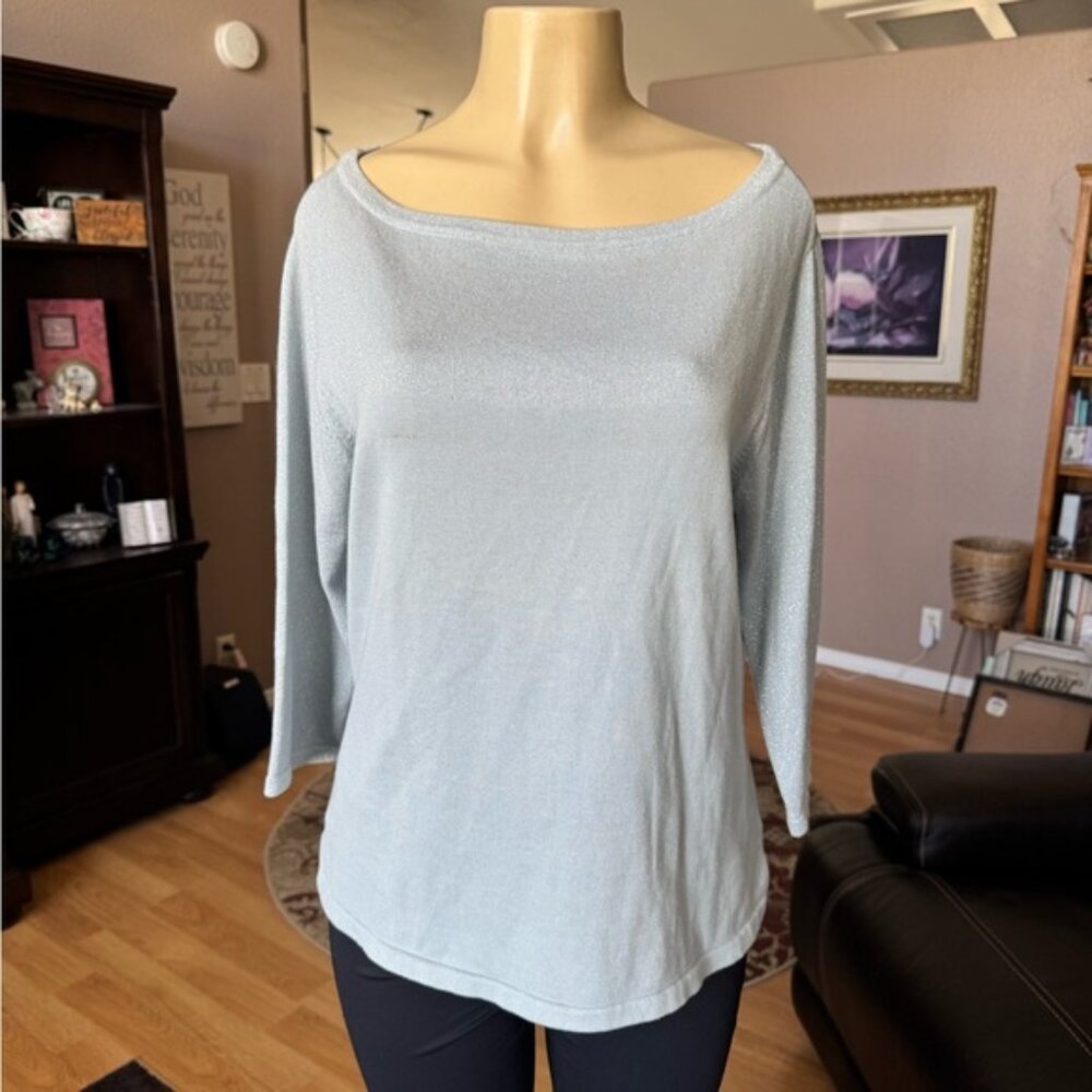 Tommy Hilfiger light blue & silver metallic 3/4 sleeves boat neck sweater-XL-NWT